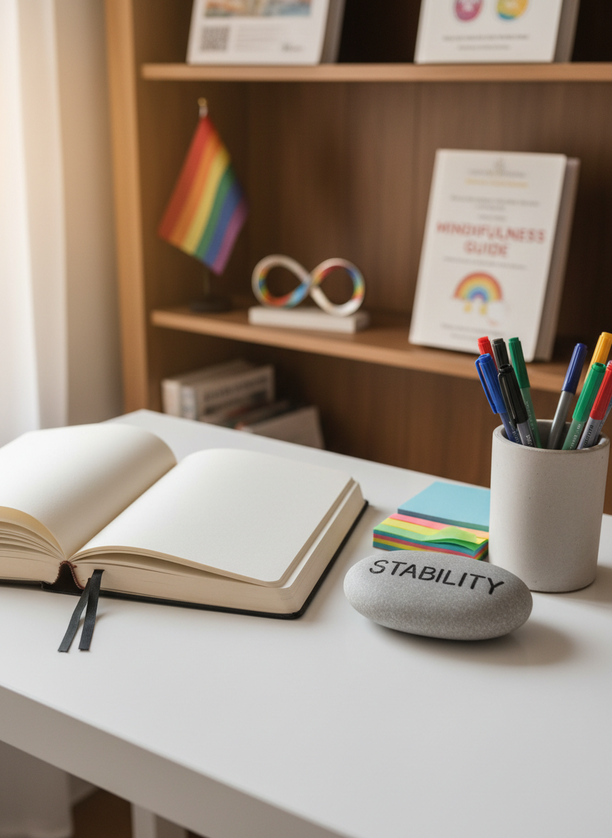 A close-up of a clean, white desk in a therapy practice, with a soft linen-bound journal open to a blank page, beside a smooth river stone engraved with the word “STABILITY.” Colorful sticky notes and fine-tipped pens are neatly arranged in a minimalist concrete holder. In the background, slightly blurred, a bookshelf displays therapy workbooks and a small pride flag folded beside a neurodiversity infinity symbol sculpture. Warm, indirect natural light from an unseen window casts gentle highlights and subtle shadows. Captured from a slightly elevated angle in photographic realism, the mood is organized, affirming, and quietly hopeful, emphasizing readiness for collaborative work and thoughtful exploration.