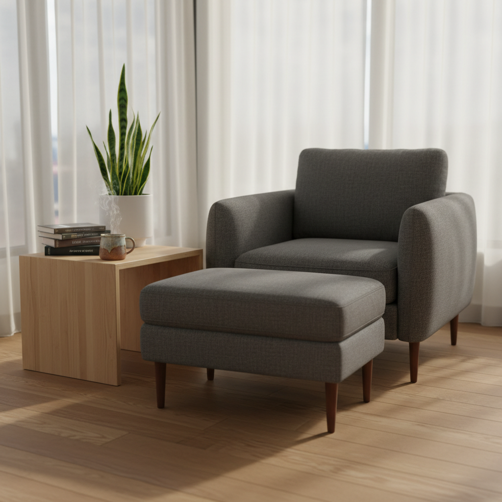 A neatly arranged therapy office corner without any people, featuring a contemporary charcoal-gray armchair with soft, textured fabric and a matching ottoman. The chair faces a low, light-wood table holding a ceramic mug, a small stack of well-worn psychology books, and a leafy green plant in a matte white pot. Large windows with sheer curtains allow diffused afternoon daylight to bathe the space in a gentle glow, soft shadows falling on a warm, natural-wood floor. Photographic realism, shot at eye level with a shallow depth of field, creating a calm, professional, and inviting atmosphere that suggests safety, reflection, and grounded support in a modern therapeutic environment.